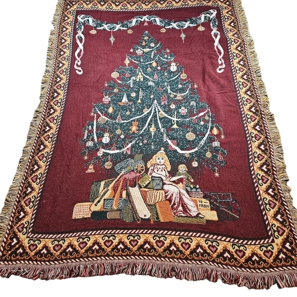Vintage Goodwin Weavers Maroon Tapestry Christmas Tree Fringed Throw Blanket‎ - Picture 1 of 11